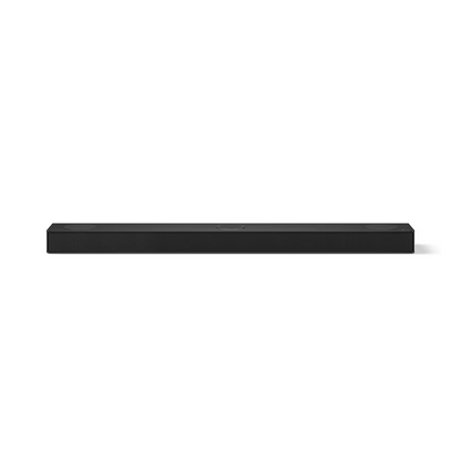 Front view of the LG Home Theater soundbar, showing sleek design, and mini speakers on the top panel.