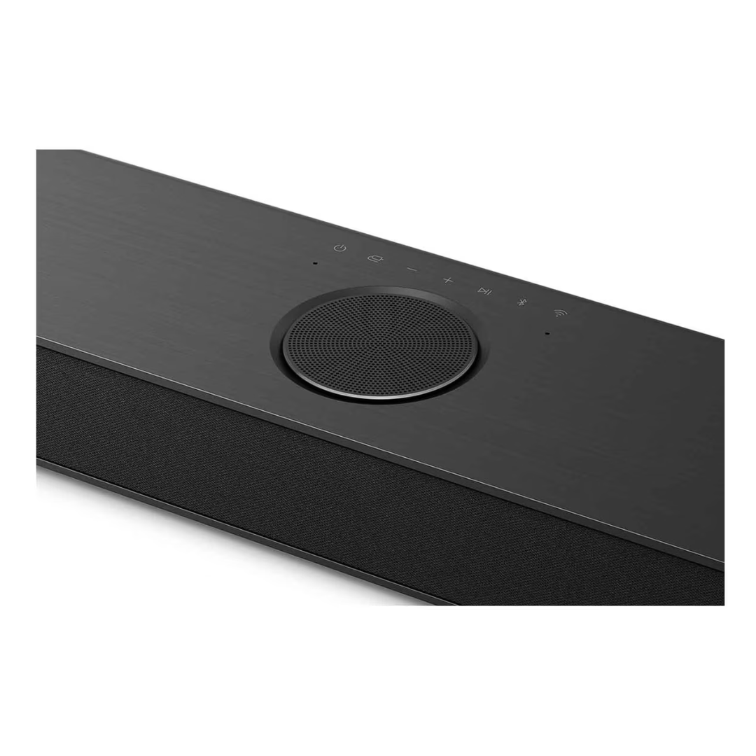 Close up view of the LG Home Theater soundbar, showing the mini speaker in the middle, power button, volume controls and  connectivity options.