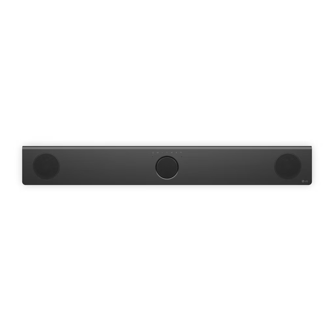 Top view of the LG Home Theater soundbar, showing threw mini speakers, and connection indicators. 