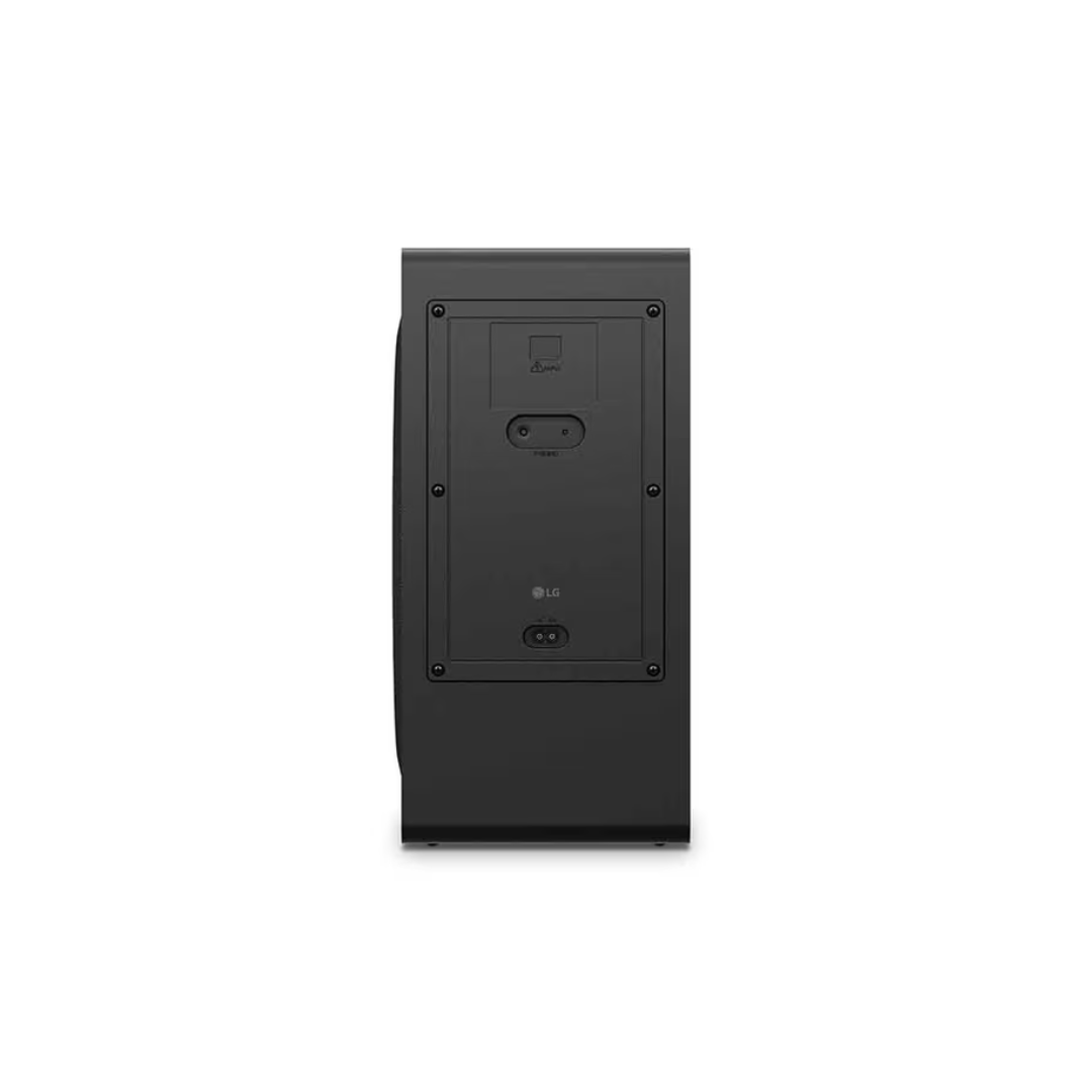 Back view of the LG  Home Theatre subwoofer, showing the speaking connection and power cable connection. 