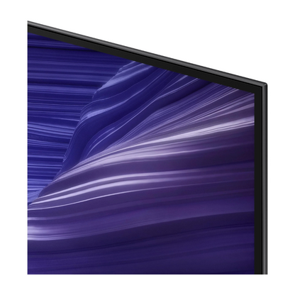 Close up view of the top corner of a Samsung OLED TV, showcasing the ultra-slim bezzle and vibrant detailed display, highlighting sleek, modern design and premium picture quality. 
