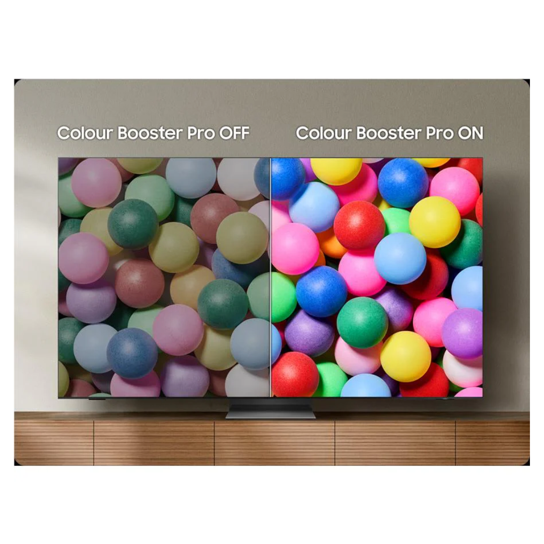 Comparison of an image on a Samsung TV highlighting colour contrast with colour booster pro on and off. The right side  shows better colour contrast.
