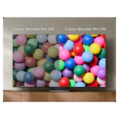 Comparison of an image on a Samsung TV highlighting colour contrast with colour booster pro on and off. The right side  shows better colour contrast.