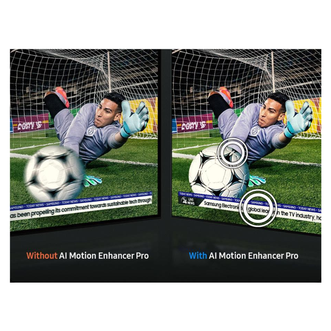 Comparison of a football match shown on a Samsung TV, highlighting image clarity with and without AI Motion Enhancer Pro. The right side shows smoother motion and sharper details.