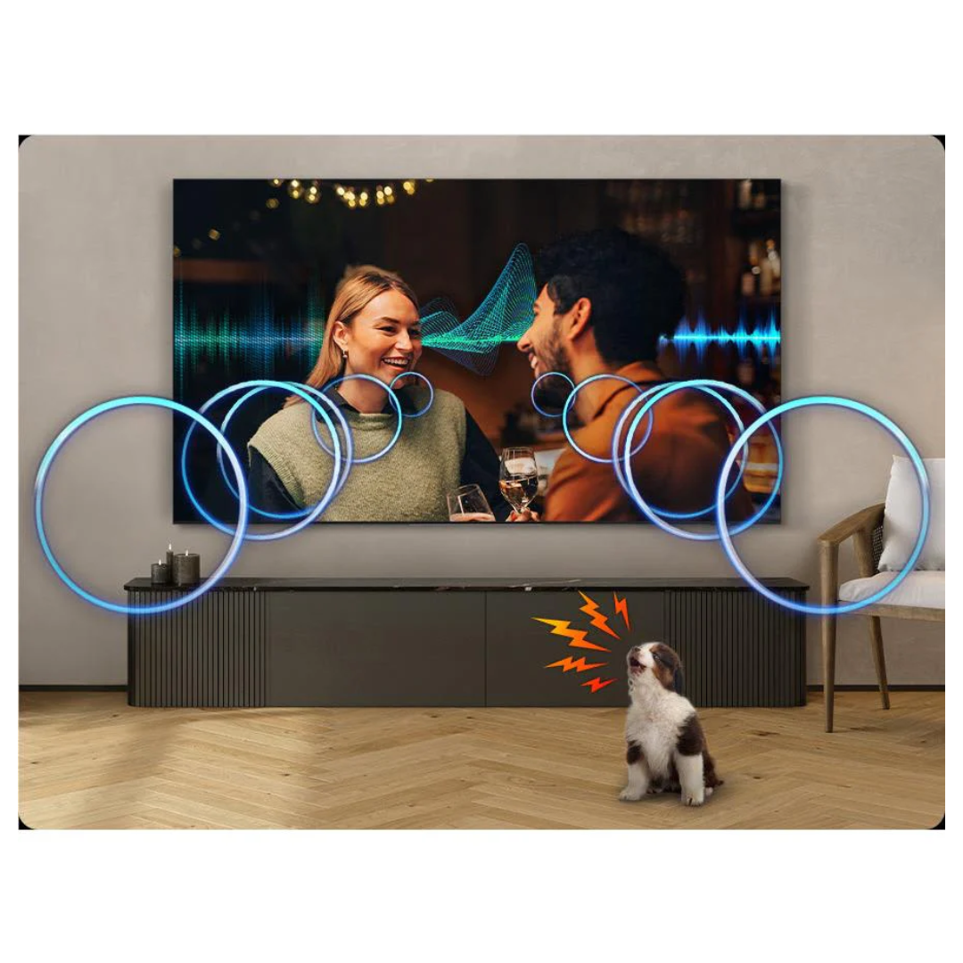 Front view of the Samsung OLED TV in a modern TV room set up illustrating the  Q symphony feature.