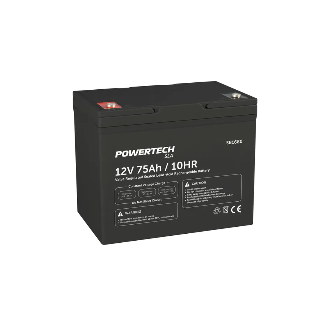 Powertech SLA 12V 75Ah valve regulated sealed lead-acid rechargeable battery, deep-cycle design for backup power, solar off-rid use with black casing and terminal safety labels.