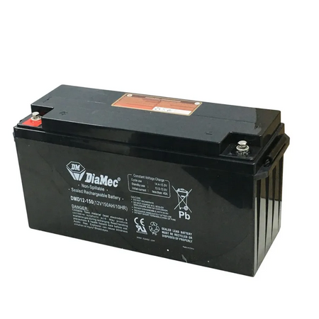 DiaMec 12V 150Ah sealed lead-acid rechargeable battery, non-spillable deep-cycle design ideal for solar, UPS and backup power systems, with black casing and safety labels.  
