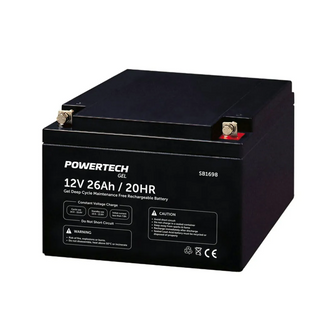Powertech 12V 26Ah gel deep-cycle rechargeable battery, maintenance-free design ideal for mobility devices, solar systems and backup power with durable black casing and safety labels.