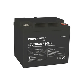 Powertech 12V 38Ah gel deep-cycle rechargeable battery, maintenance-free design ideal for mobility devices, solar systems and backup power with durable black casing and safety labels.