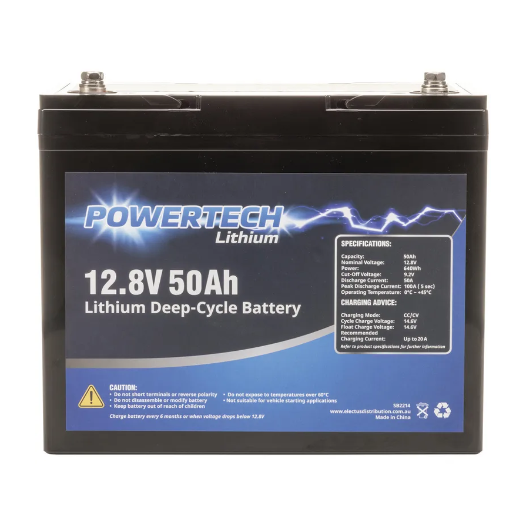 Powertech 12.8V 50Ah lithium deep-cycle battery with clear specifications, perfect for portable power systems, RVs and solar energy storage in a compact, lightweight form. 