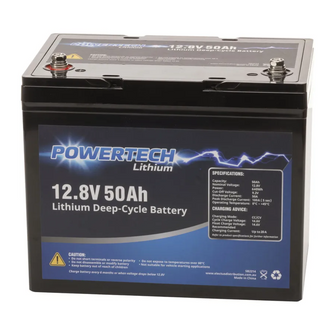 Powertech 12.8V 50Ah lithium deep-cycle battery with clear specifications, perfect for portable power systems, RVs and solar energy storage in a compact, lightweight form. 