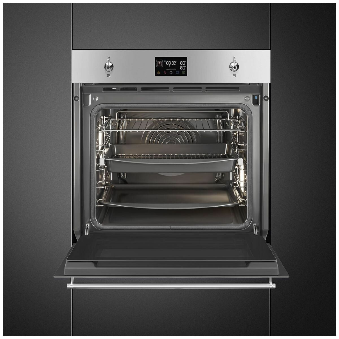 Smeg 60cm Pyrolytic Steam Oven in a stainless steel finish pictured from the front with the door open 