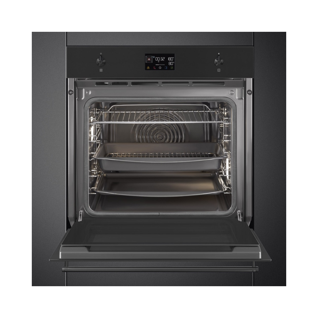 Smeg 60cm Pyrolytic Single Oven in a matte black finish with the door open showcasing it's capacity