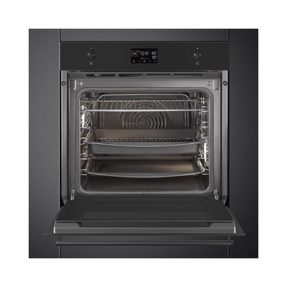 Smeg 60cm Pyrolytic Single Oven in a matte black finish with the door open showcasing it's capacity