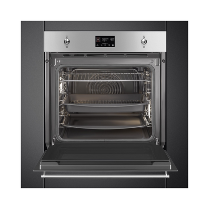 Smeg 60cm Pyrolytic Single Oven in a stainless steel finish with the door open showcasing it's capacity 