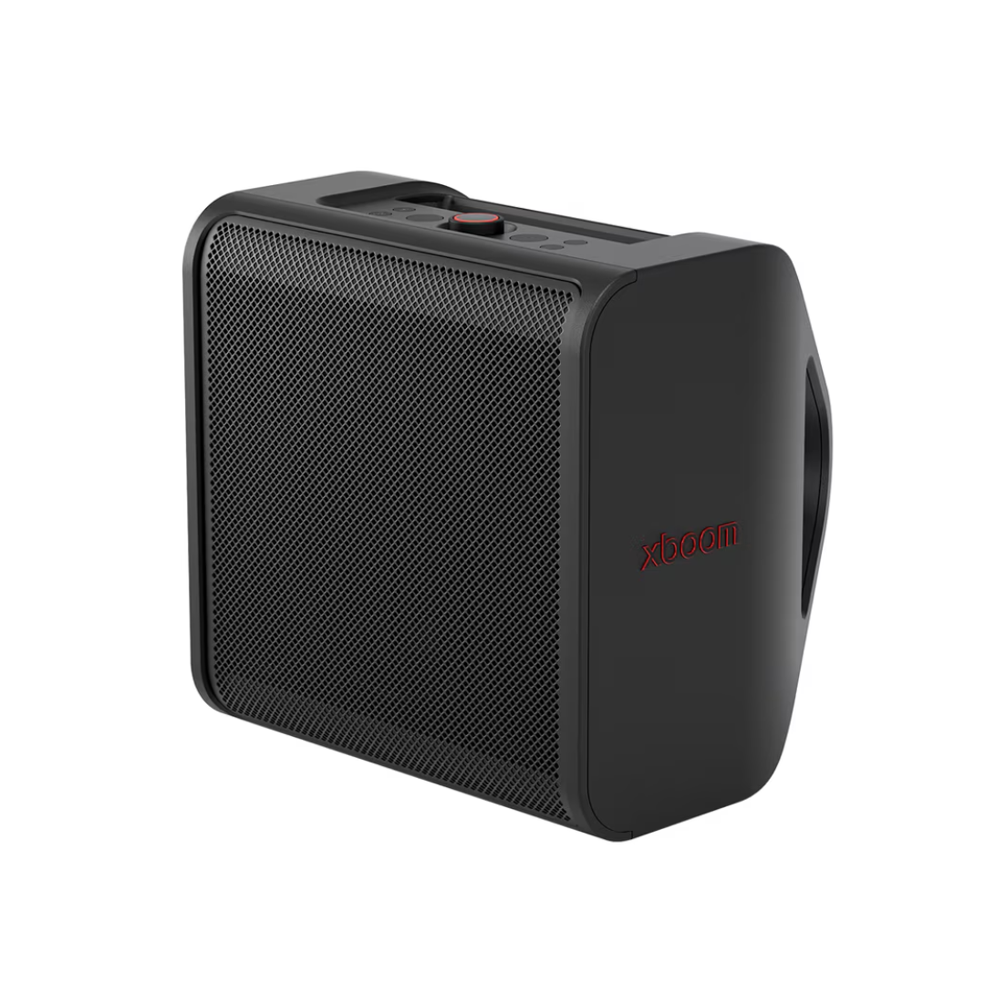 Angled view of the LG Stage301 xboom portable speaker on a white background. 