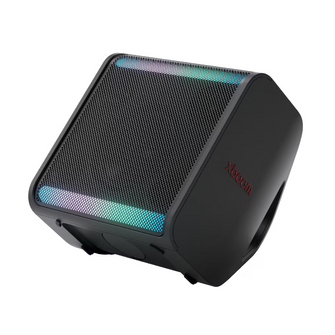 Angle view of the LG Stage301 xboom portable speaker on a white background. 