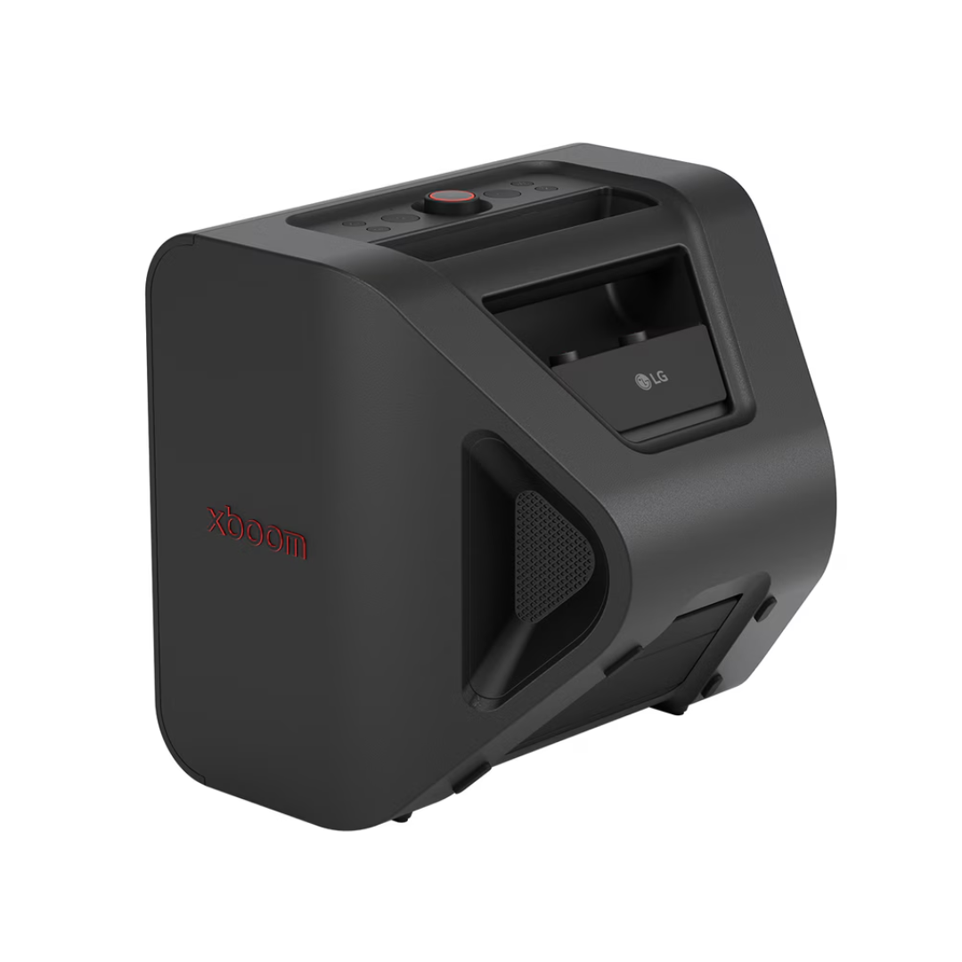 Angled back view of the LG Stage301 xboom portable speaker on a white background. 