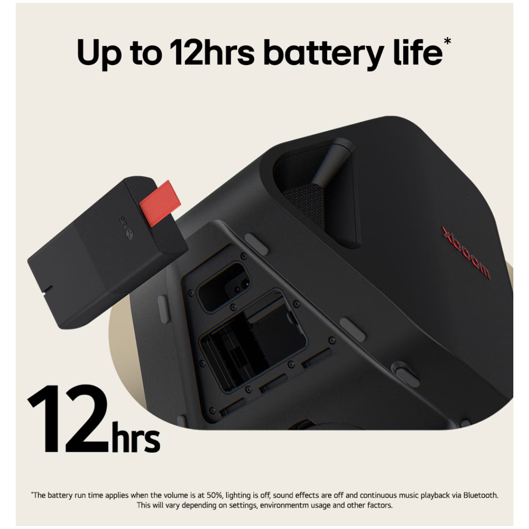 Back view of the LG Stage301 xboom portable speaker showing it's 12hr battery life on a beige background. 