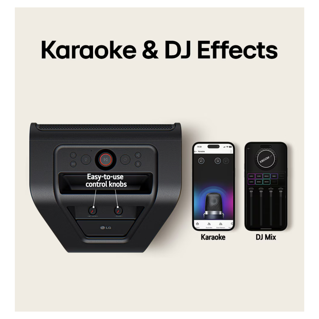 Black LG Stage301 speake with control knobs, smartphone displaying karaoke app, and remote control on a light beige background.