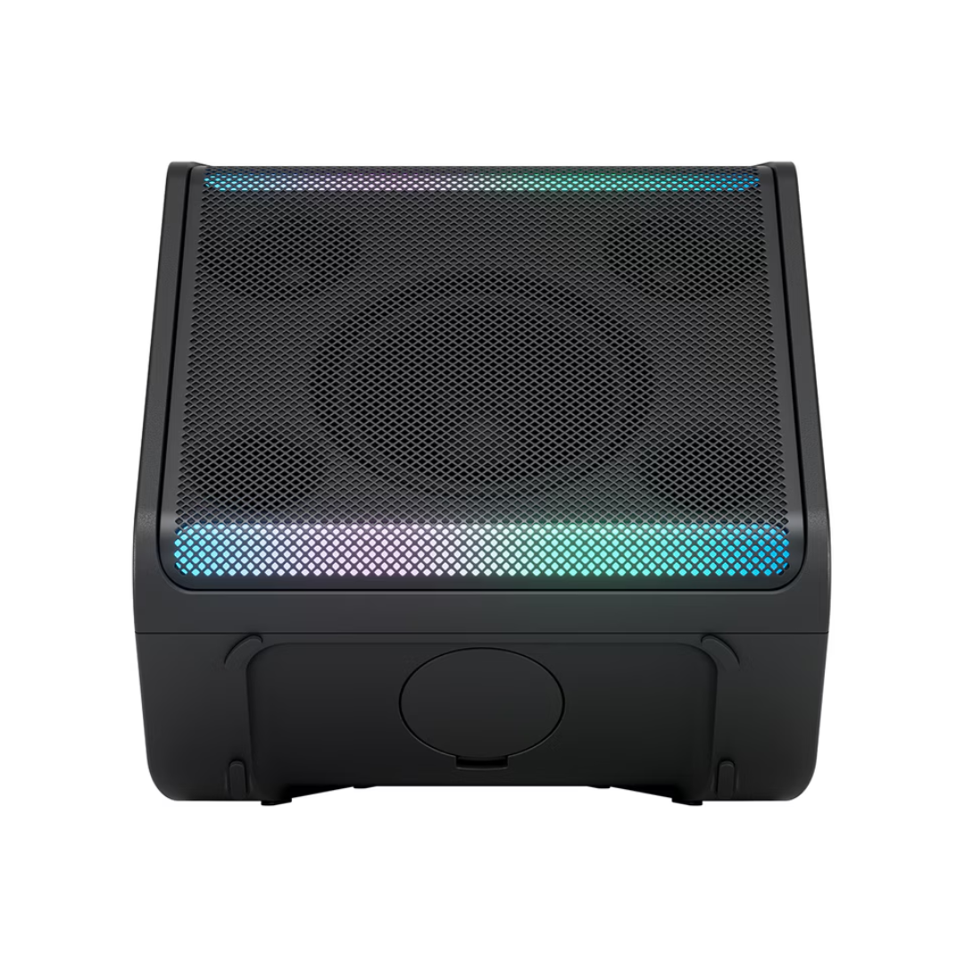 Black LG Stage301 xboom speaker front speaker mesh laying flat on a white background. 
