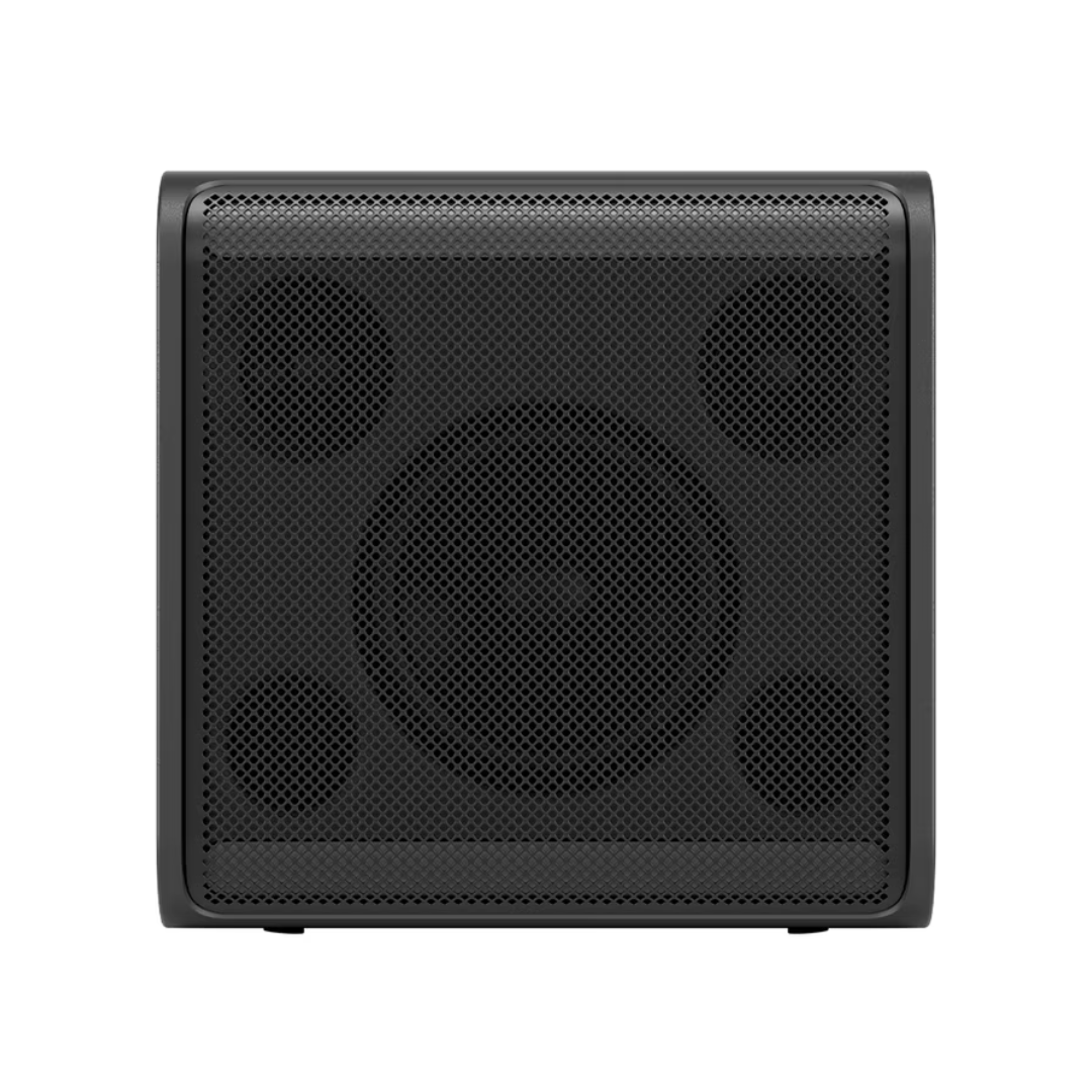 Black LG Stage301 xboom portable speaker front view on a white background. 