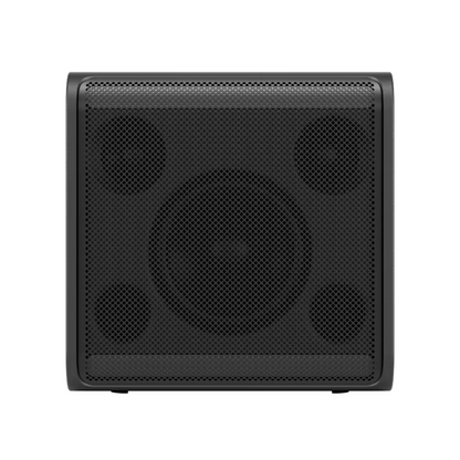 Black LG Stage301 xboom portable speaker front view on a white background. 