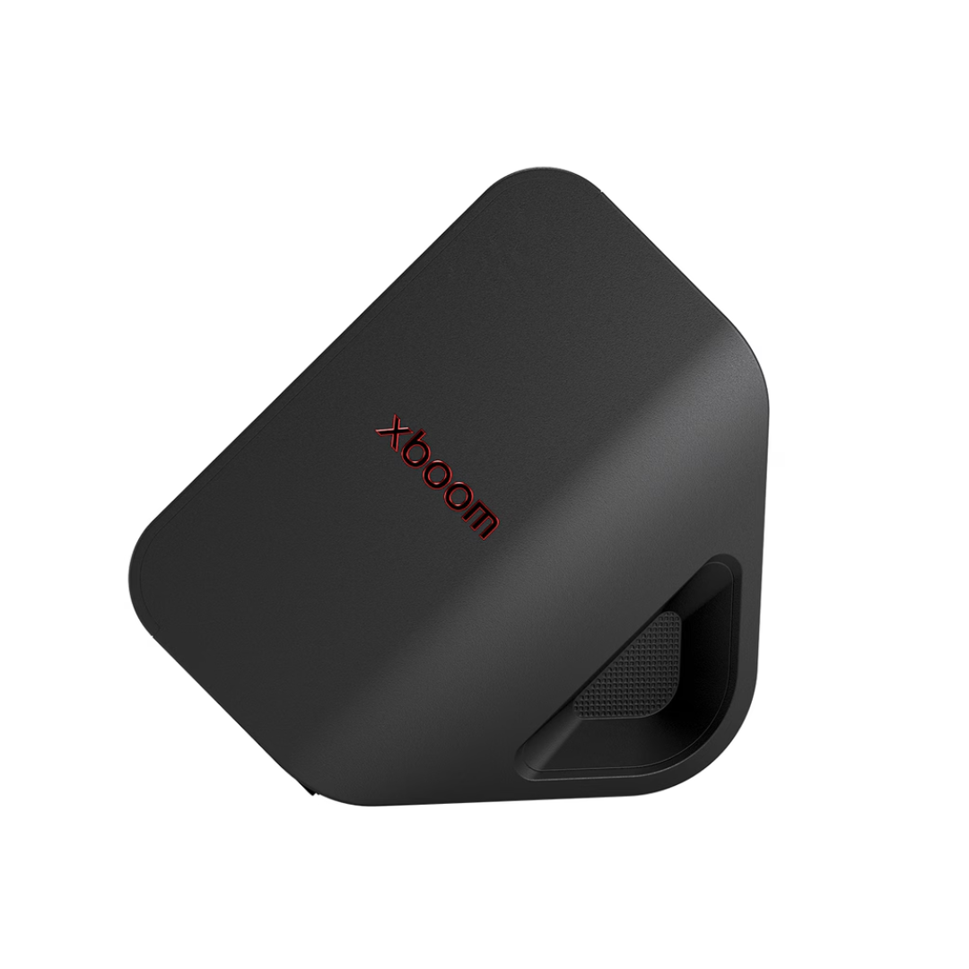 Black LG Stage301 xboom portable speaker side view on a white background. 