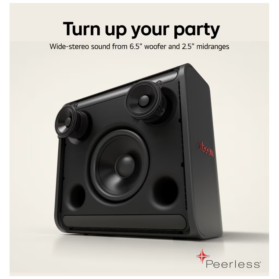 Black LG Stage301 speaker making use of peerlees technology on a beige background. 