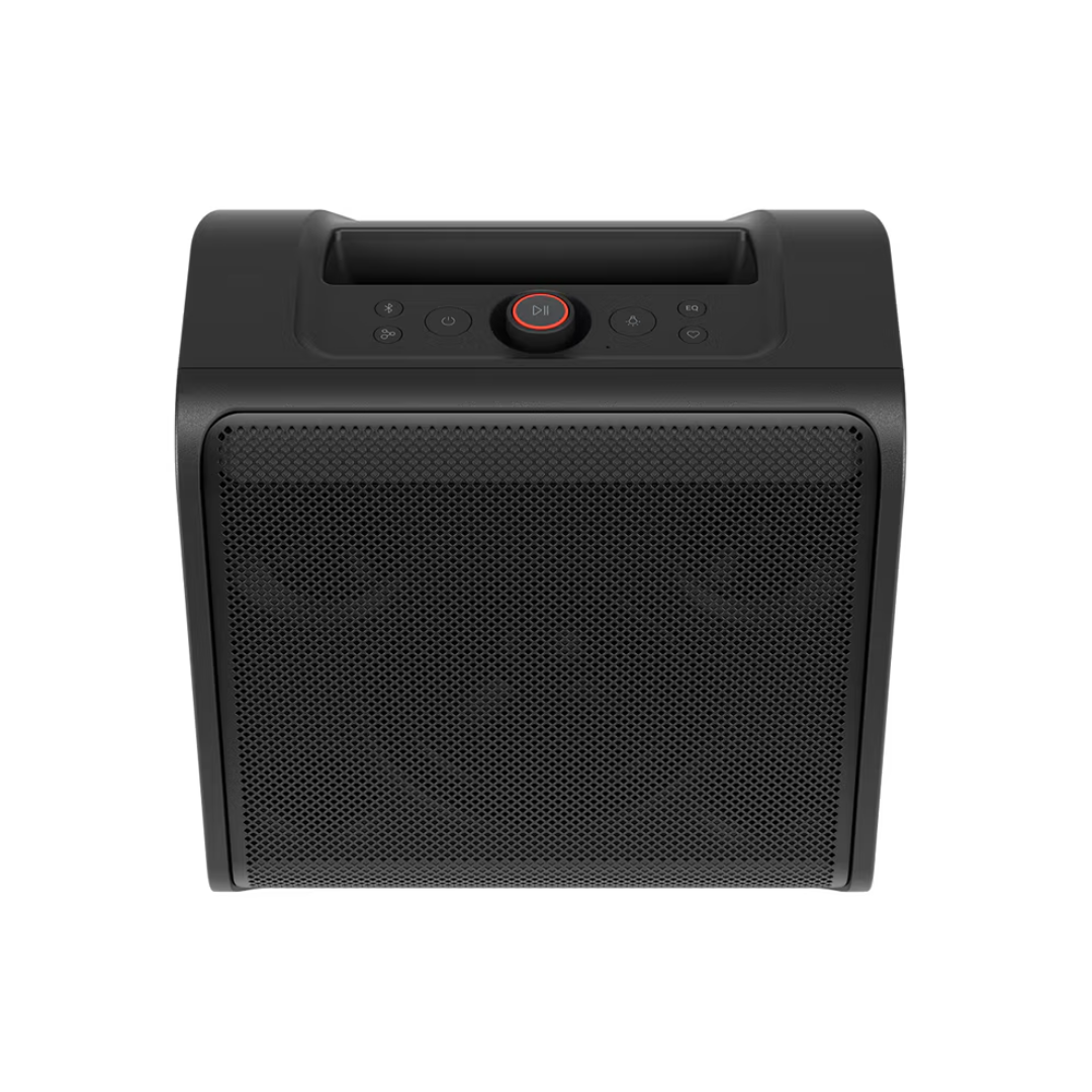 Black LG Stage301 speaker showing the top controls on a white background. 