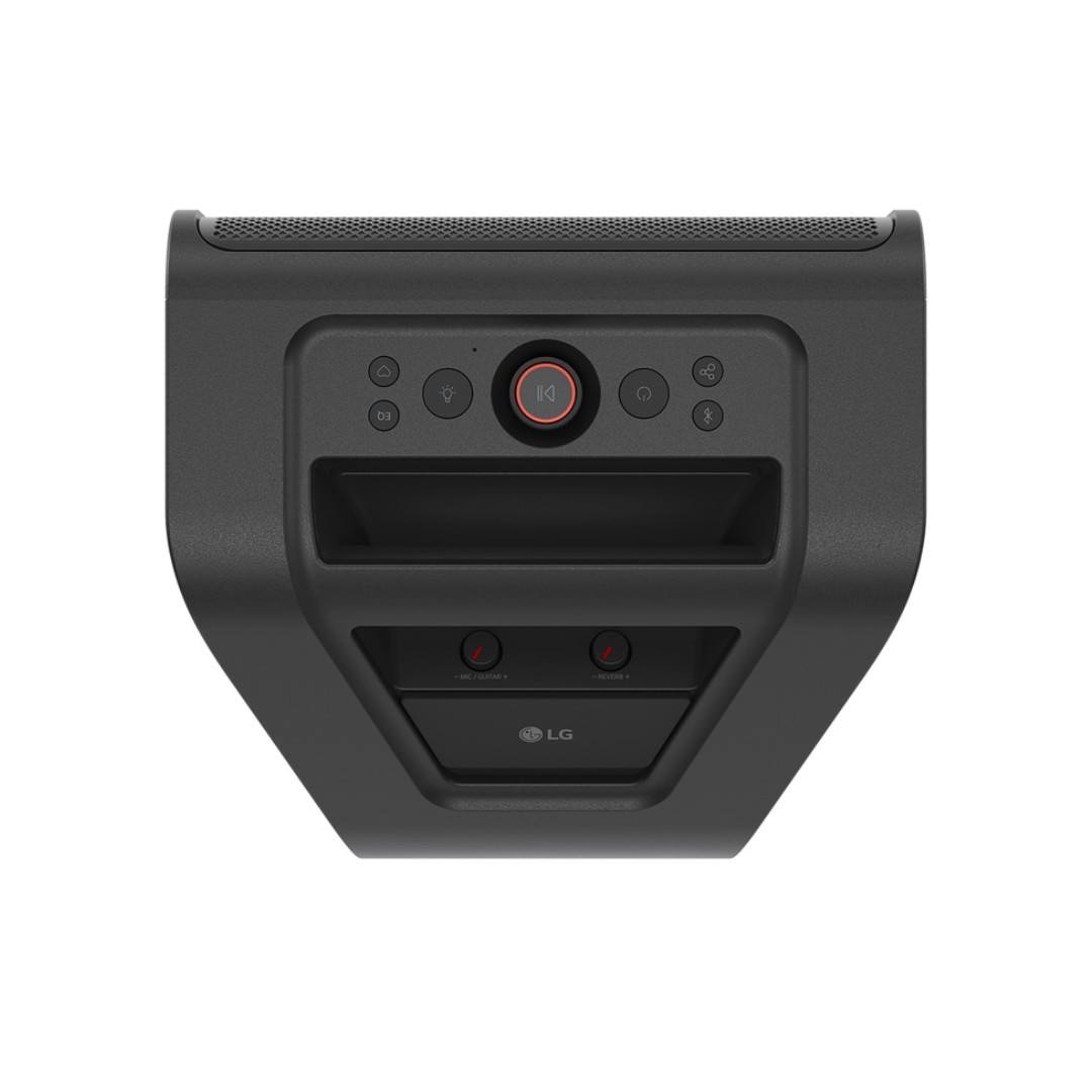 LG Stage301 speaker top view showing the control buttons and control knobs on a white background.