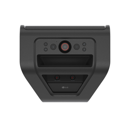 LG Stage301 speaker top view showing the control buttons and control knobs on a white background.