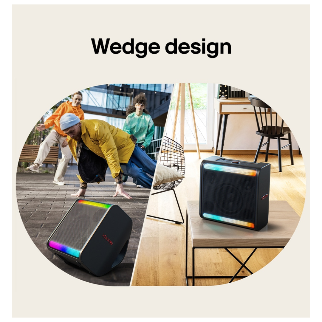 LG Stage301 Wedge design product shown outdoors and indoors with people and furniture.
