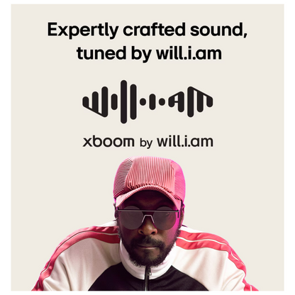 Person wearing a pink cap and sunglasses with 'will.i.am' branding and text about expertly crafted sound.