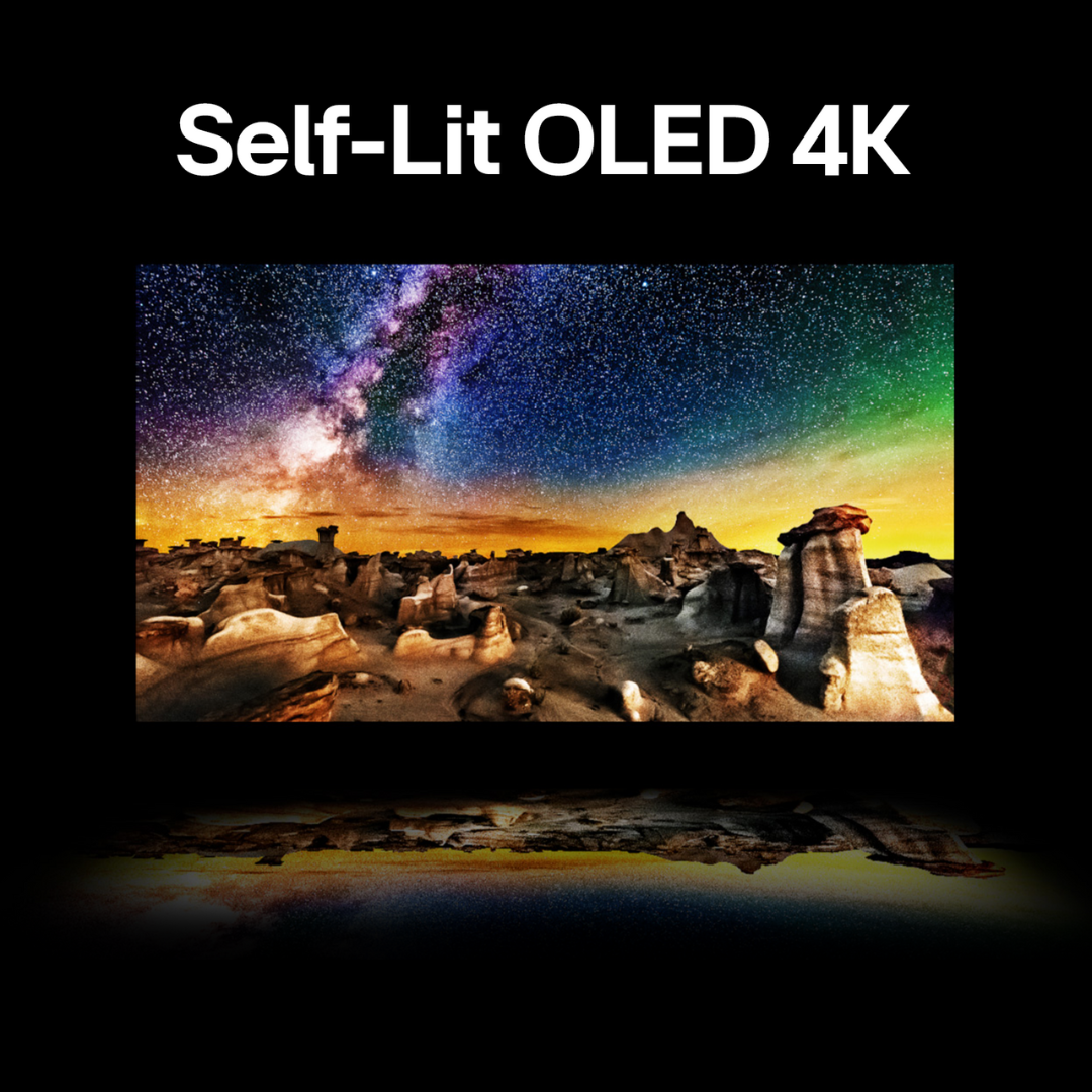 The image features a vibrant night sky with stars and the Milky Way above a rocky desert landscape, highlighting the display quality of a Self-Lit OLED 4K television. The rich colors and deep blacks of the OLED technology are emphasized, with the text “Self-Lit OLED 4K” displayed at the top. This type of image is typically used in advertising to showcase the visual capabilities of high-definition TVs.