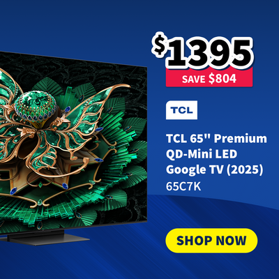 TCL 65-inch Premium QD-Mini LED Google TV with promotional pricing on sale now $1395 - Save $804 on a blue background