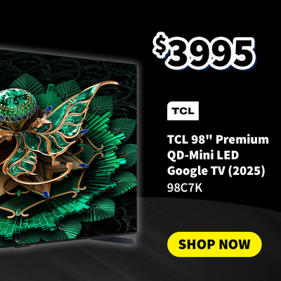 TCL 98-inch QD-Mini LED Google TV with decorative butterfly on screen, on sale price $3995, and 'Shop Now' button.