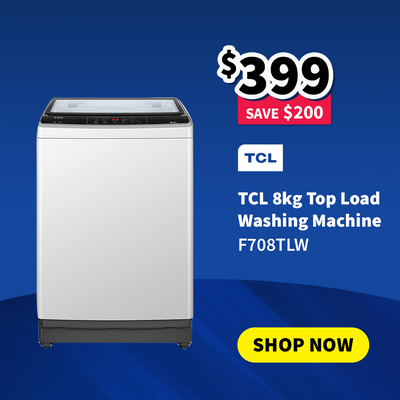TCL 8kg top load washing machine with promotional pricing on sale now $399 - save $200 on a blue background