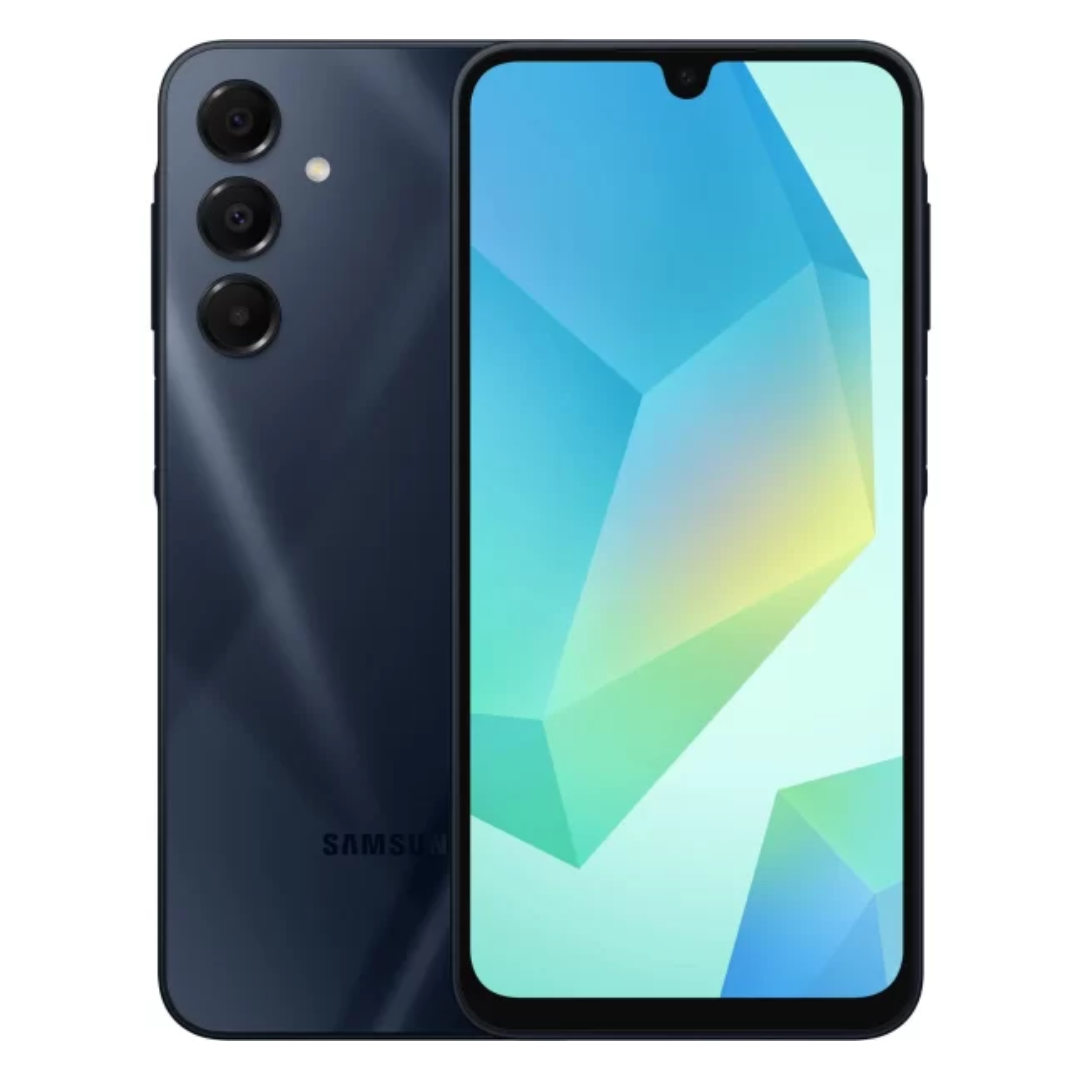 Front and rear view of Samsung smartphone in black, featuring triple rear cameras, LED flash, and a vibrant display with a waterdrop notch. 