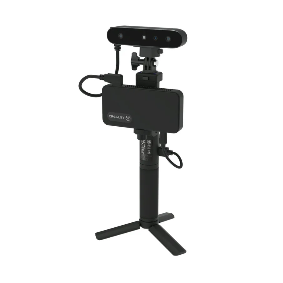 Creality 3D scanner mounted on a handheld tripod with connected power bank visible sensor array, ideal for portable scanning applications. 