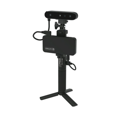 Creality 3D scanner mounted on a handheld tripod with connected power bank visible sensor array, ideal for portable scanning applications. 