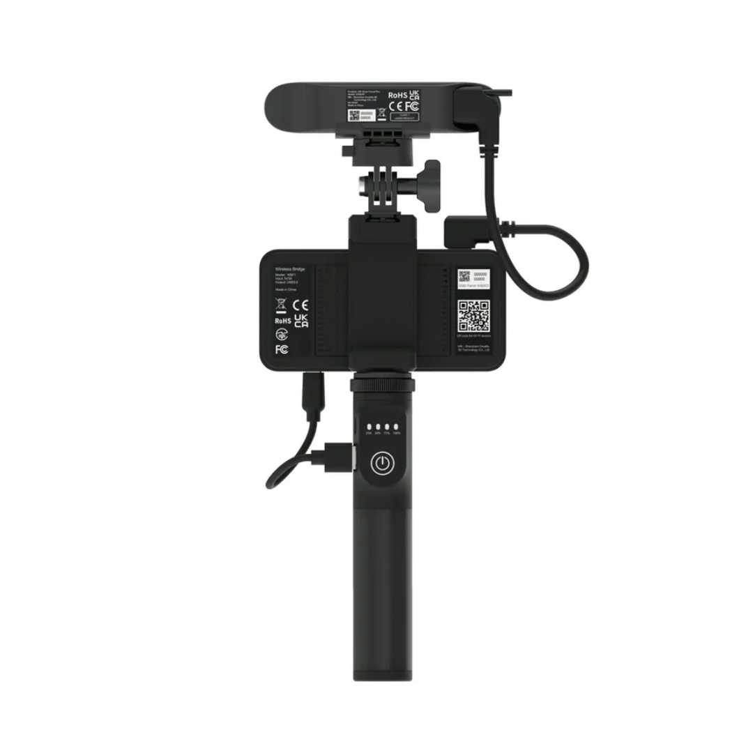 Rear view of Creality 3D scanner with visible certification labels, USB connections, QR codes, and power button on tripod handle for portable scanning and mobile device integration. 