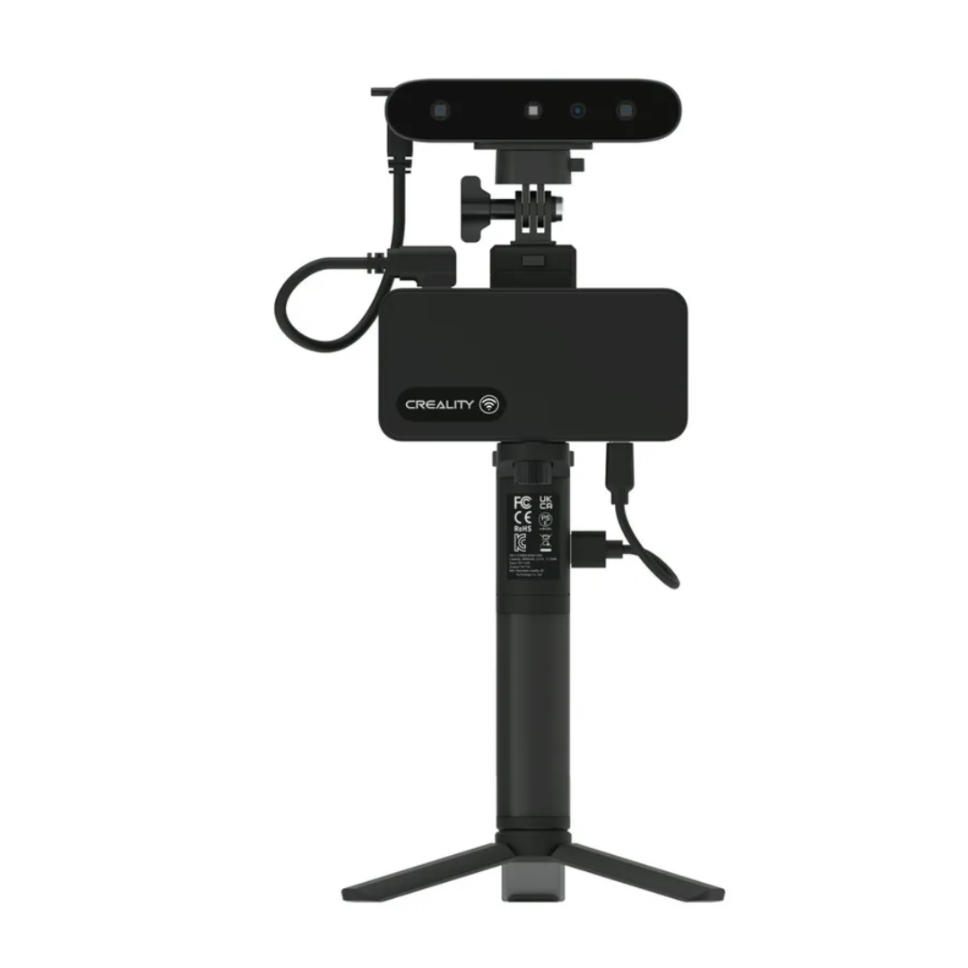 Creality 3D scanner setup with dual cameras mounted on tripod stand, connected visa USB, ideal for high-precision scanning of objects and digital rendering. 