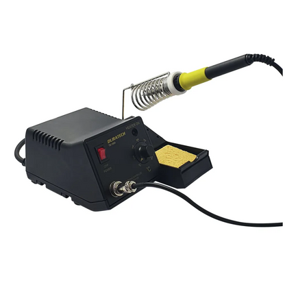 Duratech T-1564 electronic soldering iron with adjustable temperature control, power switch, sponge tray and safety holder for precision electronic soldering tasks.  