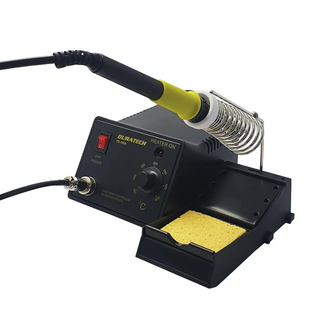 Duratech T-1564 electronic soldering iron with adjustable temperature control, power switch, sponge tray and safety holder for precision electronic soldering tasks.  