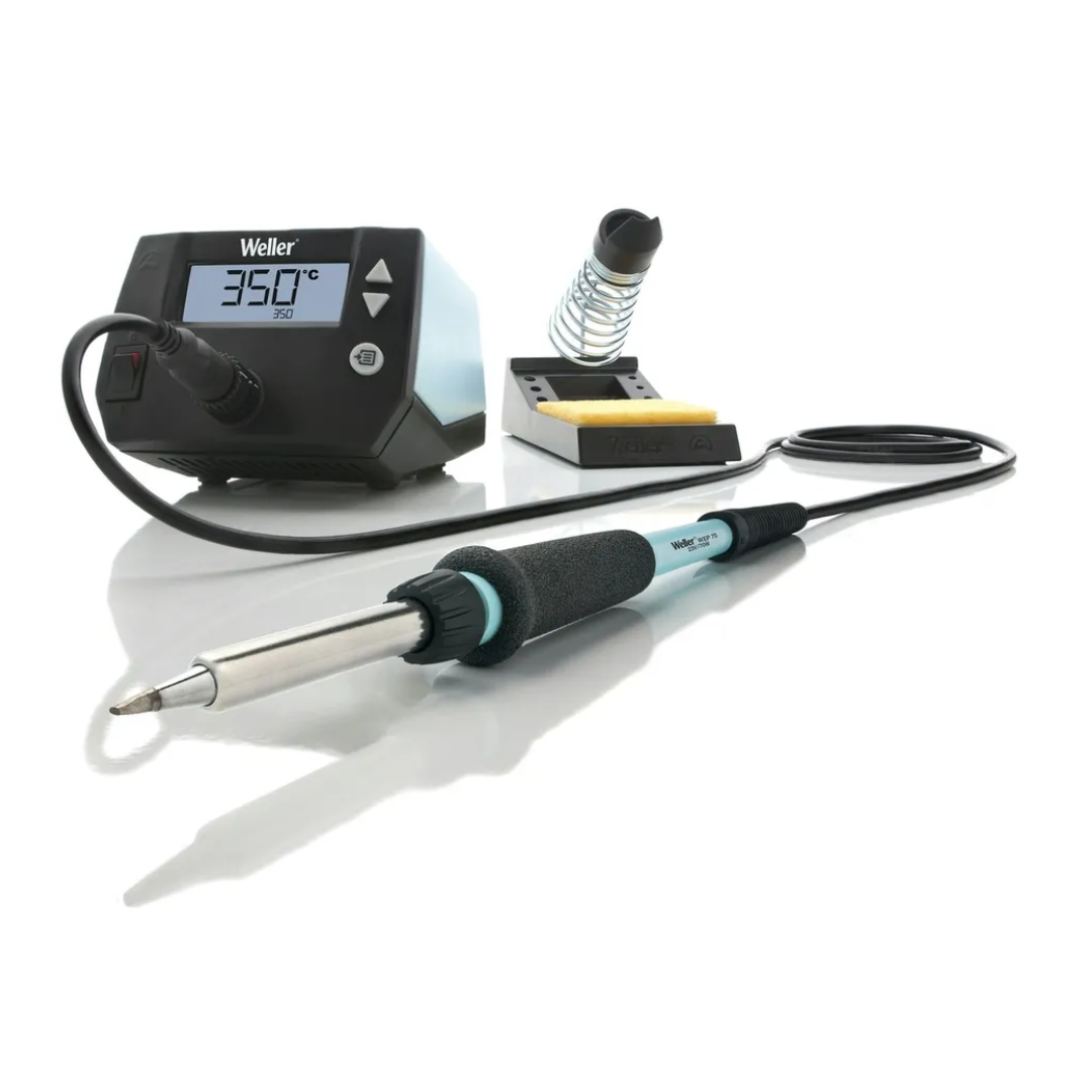 Weller digital soldering station with 250 degree Celsius display, ergonomic soldering iron, safety rest with sponge and coil holder for professional electronic soldering and maintenance tasks.