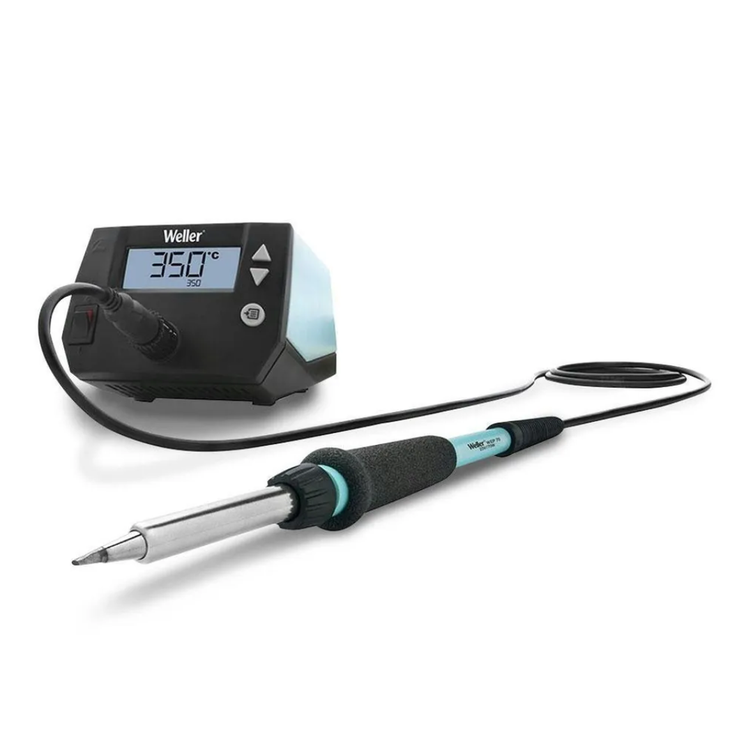 Weller digital soldering station with LCD temperature display and ergonomic soldering iron, designed for precision electronic repairs and adjustable heat control up to 350 degrees Celsius. 