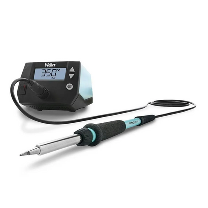 Weller digital soldering station with LCD temperature display and ergonomic soldering iron, designed for precision electronic repairs and adjustable heat control up to 350 degrees Celsius. 