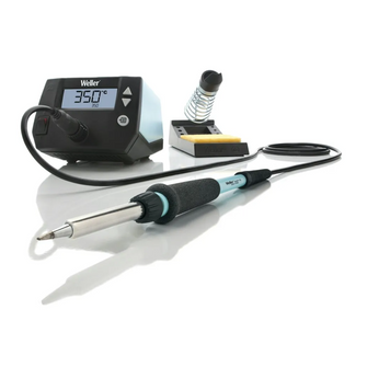Weller digital soldering station with 250 degree Celsius display, ergonomic soldering iron, safety rest with sponge and coil holder for professional electronic soldering and maintenance tasks.