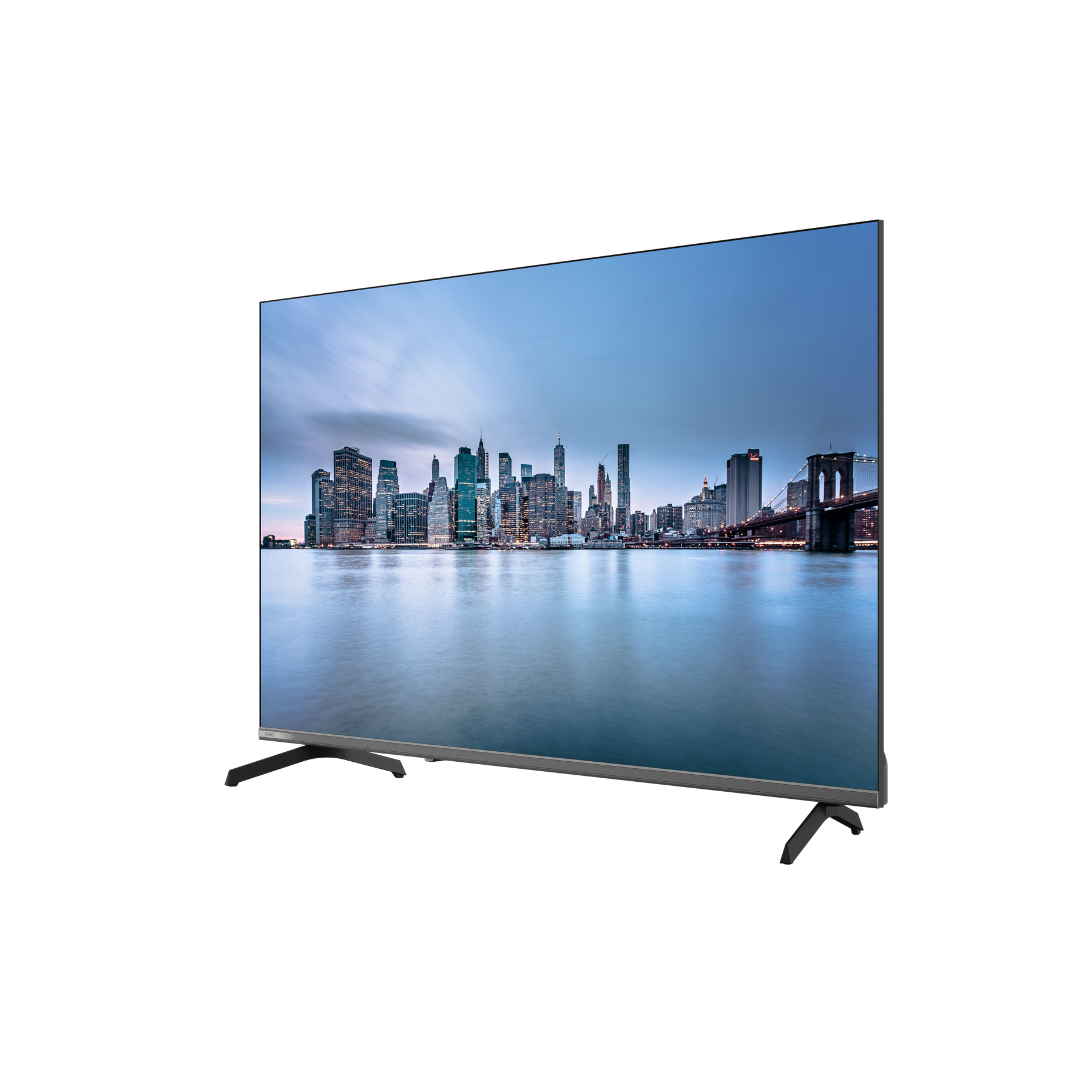 Angle view of the Chiq 43" QLED 4k Google Tv, showing modern stand design, great viewing angle and picture quality.
